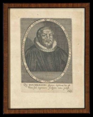 Kupferstich Johannes Winckelmann (1551-1626), deutscher lutherischer Theologe, auf der Rückseite Angaben zur Person, 21 cm hoch x 16,5 cm breit, im Glasrahmen