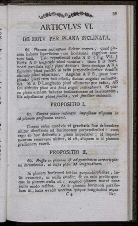 Articulus VI. De Motu Per Plana Inclinata.