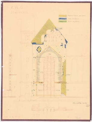 Kaiser-Wilhelm-Gedächtniskirche, Berlin-Charlottenburg: Grundriss, Ansicht, Schnitt Südeingang, Nachkriegszustand, 1:100
