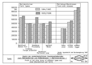 Gewinn der landwirtschaftlichen Haupterwerbsbetriebe nach Betriebsformen und Größenklassen - DM/Unternehmen - Profit of full-time farms of different types and sizes (Deutschmark per farm)