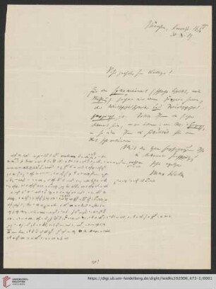 Nachlass Alfred Hettner, Eingegangene Briefe, Korrespondenz Max Weber/Alfred Hettner: Brief von Max Weber an Alfred Hettner