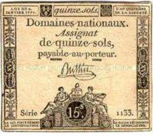 Frankreich, Revolution, Assignat 15 Sols