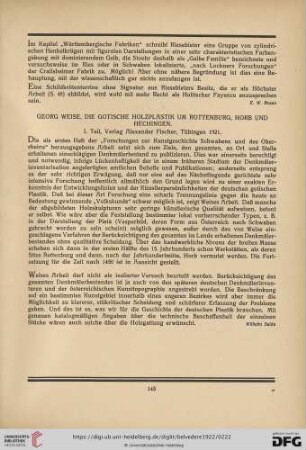 [Rezension von: Georg Weise, Die gotische Holzplastik um Rottenburg, Horb und Hechingen, 1. Teil]