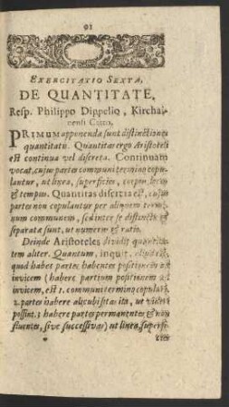 Exercitatio Sexta, De Quantitate.