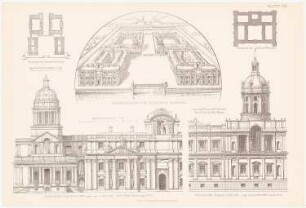Greenwich Hospital / Schloss Whitehall, London: Grundriss, Ansicht, perspektivische Ansicht Greenwich, Grundriss, Ansicht London (aus: Baukunst d. Renaissance in England, hrsg. v. Zeichenaussch. d. Stud. d. TH Berlin, 1875)