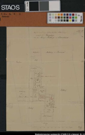 "Nach den im Sommer 1850 getroffenen Abänderungen ratifizierter Grundriss von dem Kgl. Posthofe an der Hakenstraße. Ausf.-Art: Zeichnung Herst.: Doeltz Format: 43 x 33 cm Maßstab: ca. 1 : 200