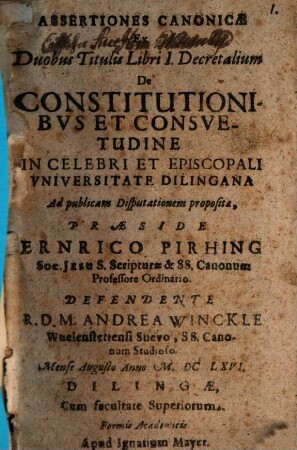 Assertiones canonicae ex duobus titulis libri I. decretalium de constitutionibus et consuetudine