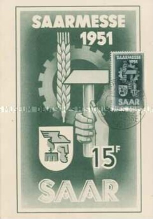 Postkarte zur Saarmesse 1951, mit Sonderbriefmarke