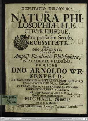 Disputatio de natura philosophiae electivae