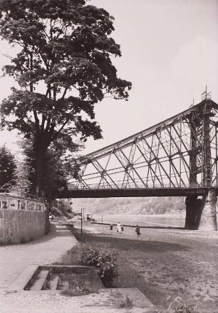 Loschwitzer Brücke ("Blaues Wunder") : Uferpromenade am Schillergarten. Blick gegen die Loschwitzer Brücke (Blaues Wunder)