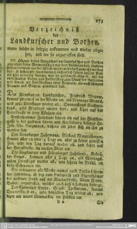 Verzeichniß der Landkutscher und Bothen