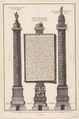 Ansichten der Mark-Aurel-Säule in Rom aus drei verschiedenen Zeitabschnitten, aus der Folge "Trofeo o sia Magnifica Colonna Coclide"
