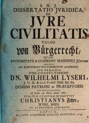 Dissertatio iuridica, De iure civilitatis, vulgo vom Bürgerrecht