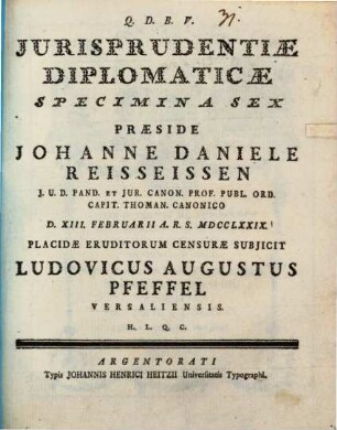Jurisprudentiæ Diplomaticæ Specimina Sex