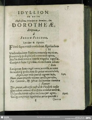 Idyllion De Obitu Illustrißima Principis ac Dominae, Dn. Dorotheae, Scriptum a Felice Fidlero