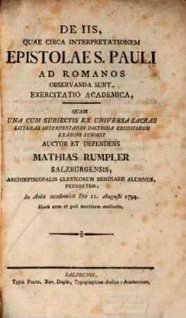 De iis, quae circa interpretationem epistolae S. Pauli ad Romanos observanda sunt, exercitatio academica