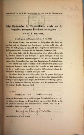 Einige Eigenschaften der Transcendenten, welche aus der Integration bomogener Functionen hervorgehen : (vorgetragen in den Sitzungen vom 9. und 16. Juni 1864)
