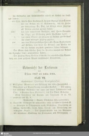 Uebersicht der Lectionen von Ostern 1867 bis dahin 1868
