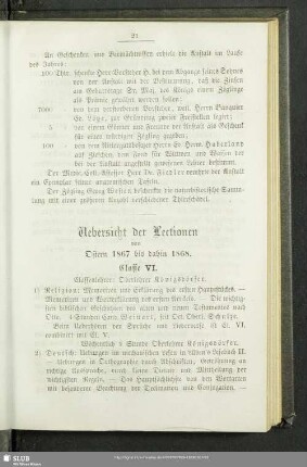 Uebersicht der Lectionen von Ostern 1867 bis dahin 1868
