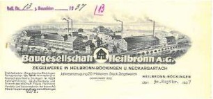 Briefbogen der Fa. Baugesellschaft Heilbronn A.G. mit Firmenansicht (Ziegelwerke in Böckingen und Neckargartach)
