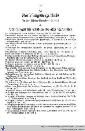 XI. Vorlesungsverzeichnis für das Wintersemester 1941/42