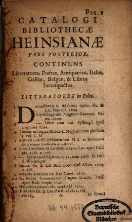 Bibliotheca Heinsiana Sive Catalogus Librorum, Quos, magno studio, & sumtu, dum viveret, collegit Vir Illustris Nicolaus Heinsius, Dan. Fil.. 2