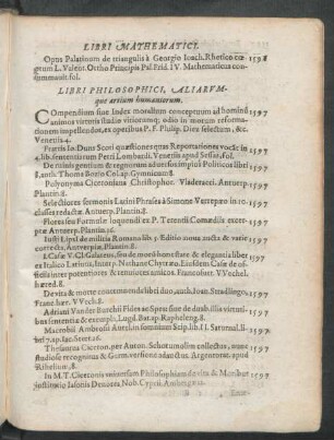 Libri Philosophici, Aliarumque artium humaniorum.