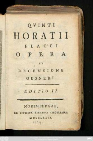 Qvinti Horatii Flacci Opera Ex Recensione Gesneri