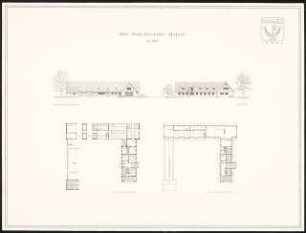 Ostdeutsches Forstamt Schinkelwettbewerb 1944: Forstsekretär-Gehöft. Ansichten von W und S, Grundrisse EG, DG 1:200