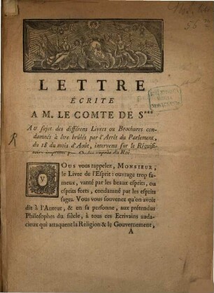 Lettre écrite a M. le Comte de S. ... au sujet des différens livr es ou brochures Condamnés à être brûlés par l'arrêt du Parlement ...