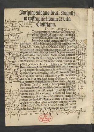 Incipit prologus beati Augustini episcopi in librum de vita Christiana.