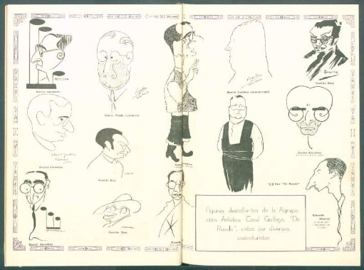 Figuras descollantes de la Agrupación Artística Coral Gallega, "De Ruada", vistas por diversos caricaturistas