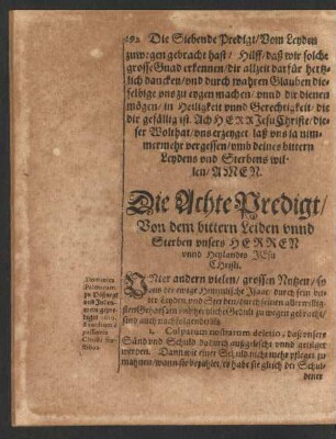 Die Achte Predigt/ Von dem bittern Leiden unnd Sterben unsers Herren unnd Heylandes Jesu Christi.