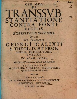De Transsubstantiatione Contra Pontificios Exercitatio Secunda
