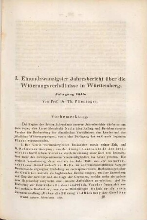 Einundzwanzigster Jahresbericht ber die Witterungsverhältnisse in Württemberg. Jahrgang 1845