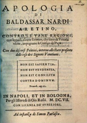Apologia contro le vane ragioni con le quali alcune scritture impugnano le censure del Papa