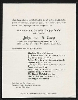 Brief von Otto Carl Kiep, Charlotte Kiep, Emilie Kiep, Leisler Kiep, Eugenie Kiep, Hanna Kiep, Max F. Kiep, Johanna Kiep, Ida Therese Westphal, Walther Westphal und J. Nicolaus Kiep an Gerhart Hauptmann
