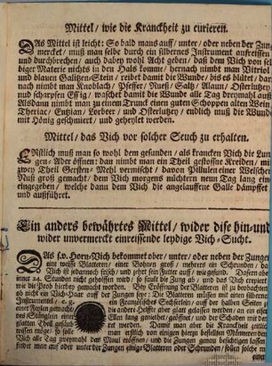 Kurtzer und deutlicher Bericht, Wie man sich bey gegenwärtig-schnell einreissender Vich-Seuche an Pferdten, Ochsen, Kühe und Schaaf mit bewährten Hülffs-Mittlen zu verhalten habe