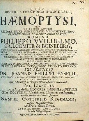 Dissertatio Medica Inauguralis, De Hæmoptysi