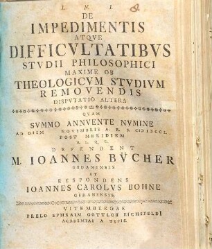 De Impedimentis Atqve Difficvltatibvs Stvdii Philosophici Maxime Ob Theologicvm Stvdivm Removendis Dispvtatio, Dispvtatio Altera