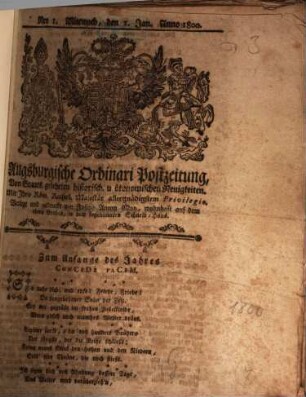 Augsburgische Ordinari Postzeitung von Staats-, gelehrten, historisch- u. ökonomischen Neuigkeiten. 1800