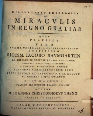 Dissertatio Theologica De Miracvlis In Regno Gratiae