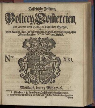 Nro. XXI, Montags, den 23. May 1746