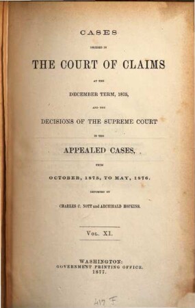 Cases decided in the United States Court of Claims. 11. 1875/76. - 1877