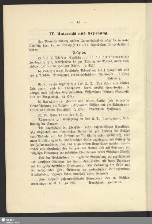 IV. Unterricht und Erziehung