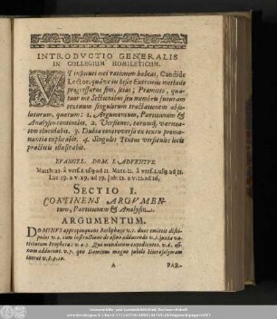 Sectio I. Continens Argumentum, Partionem & Analysin.