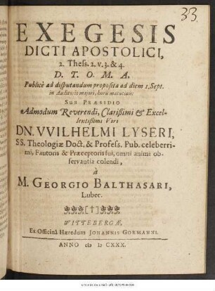 Exegesis Dicti Apostolici, 2. Thess. 2. v. 3. & 4.