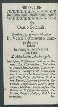 Oratio Solennis, de Seraphim, Angelorum Nomine In Veteri Testamento comprehensio, habita In Panegyri Academica Ipso Festo S. Michaelis Archangeli.