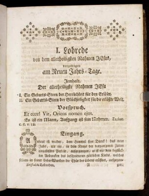 I. Lobrede von dem allerheiligsten Nahmen Jesus, vorgetragen am Neuen Jahrs-Tage.