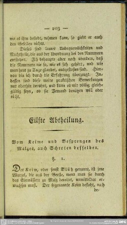 Eilfte Abtheilung. Vom Keime und Besprengen des Malzes, auch Schroten desselben